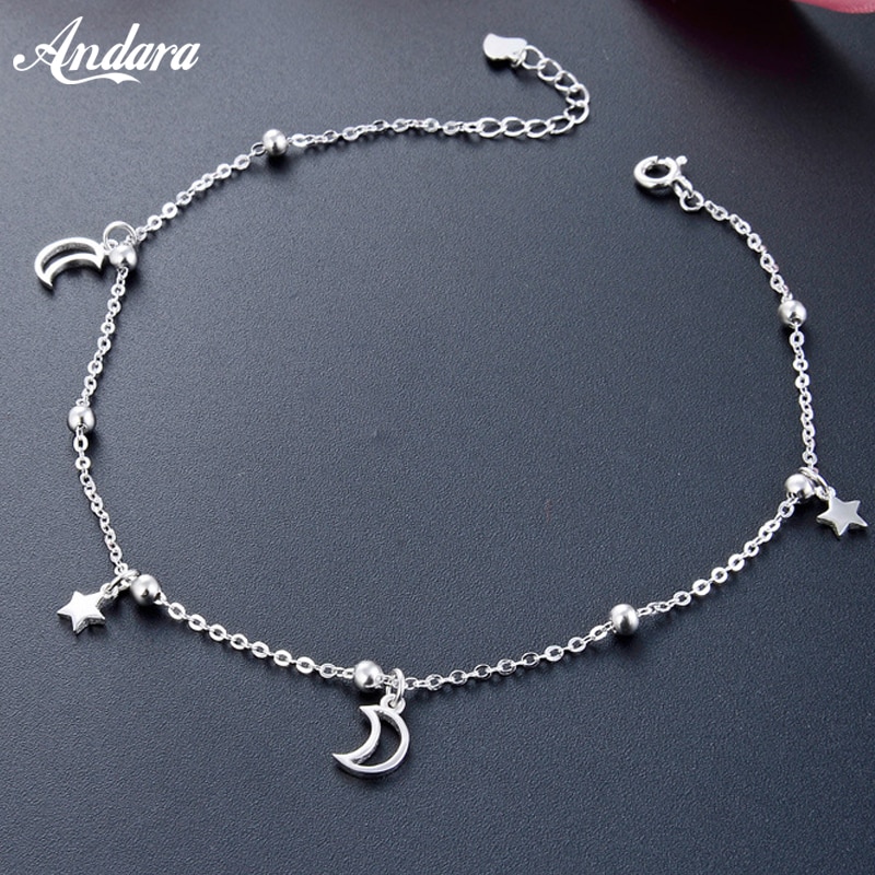 Solide Silber 100% 925 Sterling Silber Sterne Mond Frauen Fußkettchen Einfache Stil Kette Verknüpfung Knöchel Luxus Schmuck