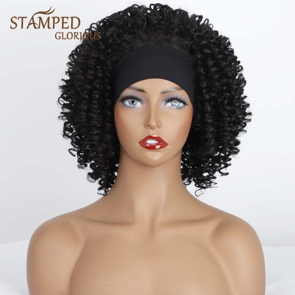 Gestempelt herrlich 14 zoll Verworrene Lockige Stirnband Perücke Schwarz Perücke Synthetische Perücken Hitze Beständig Natürliche Welle Haar für Schwarze Frauen
