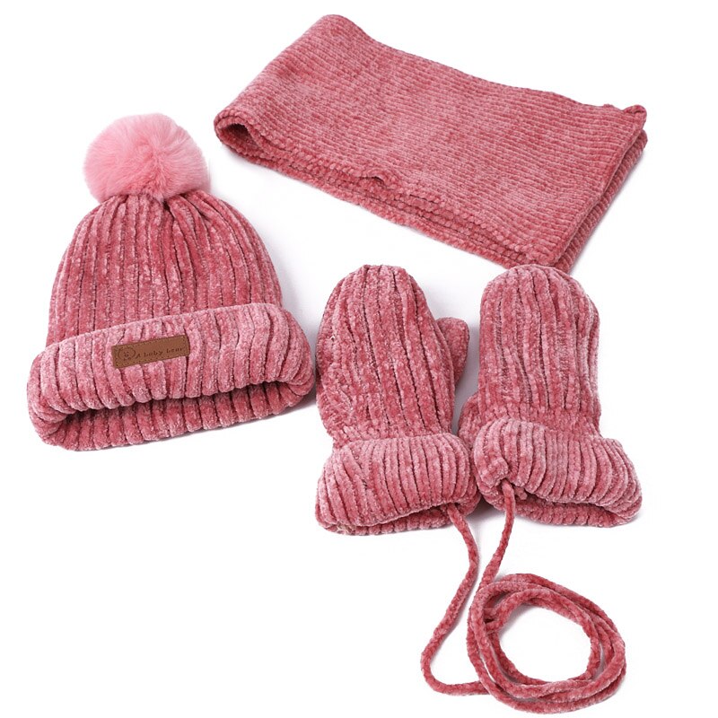 Drei-stück Hüte Schal Handschuhe einstellen freundlicher Hütte Winter Warme Fäustling PomPon Gestrickte Hütte Mit Futter Herbst Einfarbig mützen setzt