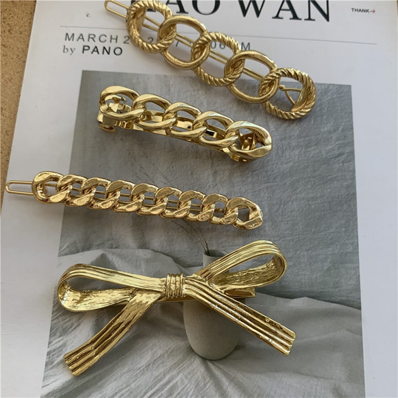 Jahrgang matt Gold Hohl Verdrehte Kette Bowknot Haar Clips Für Dame Straße Stil Gold Metall Haar Zubehör Für Frauen