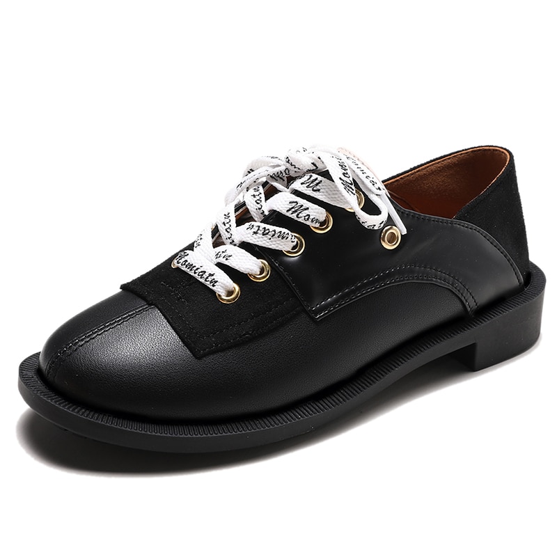 Spitze hoch Turnschuhe Frauen Schuhe Neue Schwarz Pu Leder Oxfords Weibliche Müßiggänger Wohnungen Herde Plattform Schuhe Frau Kreuz Krawatte Damen schuhe