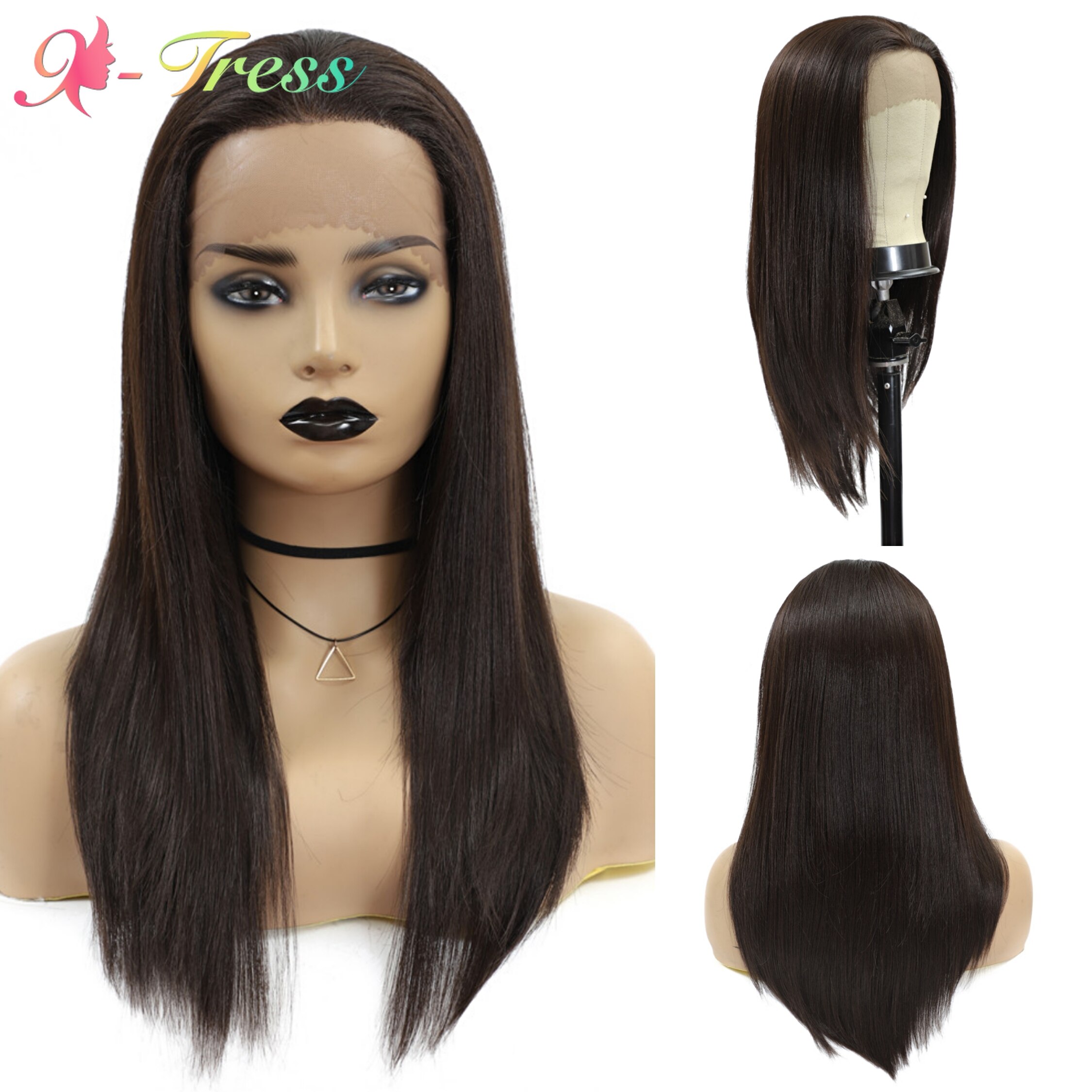 Synthetische Spitze Vorderseite Perücke Für Frauen X-tresse Braun Lange Weiche Gerade Perücke Freien Teil Schweizer Spitze Hitzebeständige Faser Haar perücken