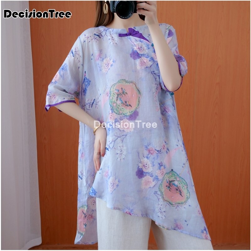 hanfu chinesische traditionelle kleidung bluse frauen Spitzen baumwolle leinen hemd blume drucken bluse Dame weibliche Chiffon bluse