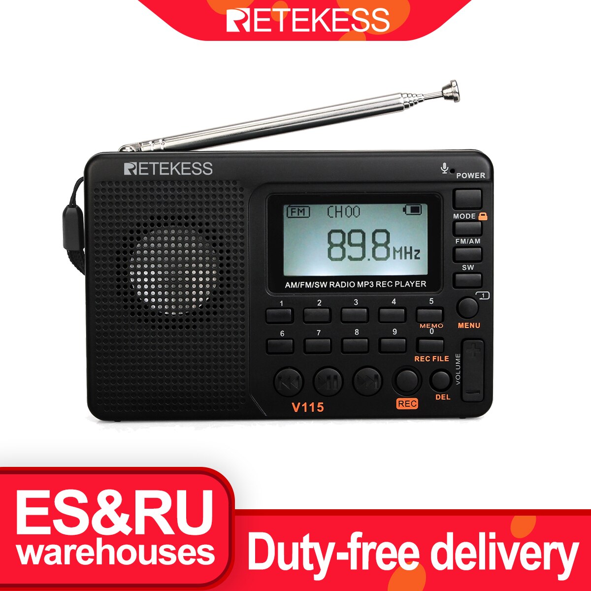 Retekess V115 FM/bin/SW Radio Empfänger Bass Klang MP3 Spieler REC Recorder Tragbare Radio mit Schlaf Timer TF karte Tragbare Tasche