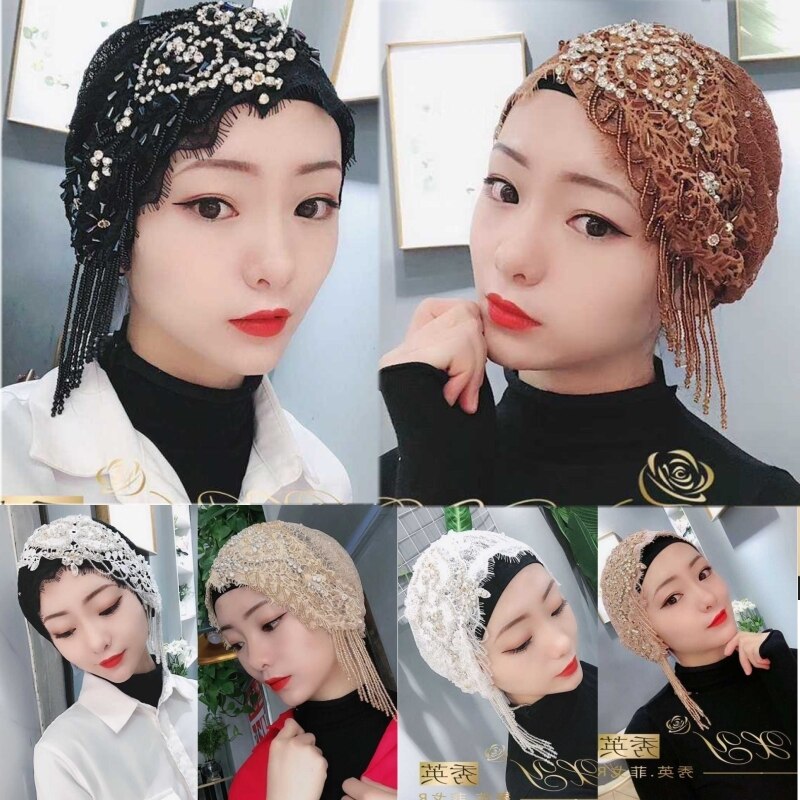 glänzend Diamant Perlen Muslimischen Spitze Kappe Turban Dubai Mädchen Hochzeit Partei Hütte Islamischen Frauen wickeln Headwear Hijab UAE Arabische Eid kopftuch