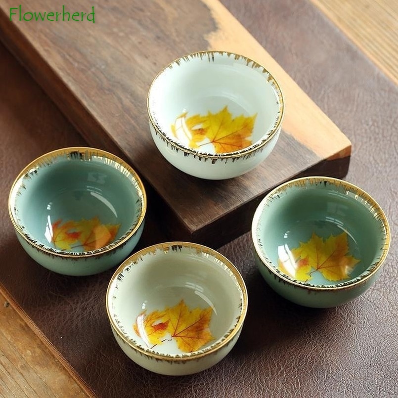 Chinesische Keramik Porzellan Tee Tasse Teegeschirr Gold Ahorn Blatt Einzel Tasse Kreative Chinesischen Stil Tee-einstellen Tee Schüssel Kung Fu Tee Tasse