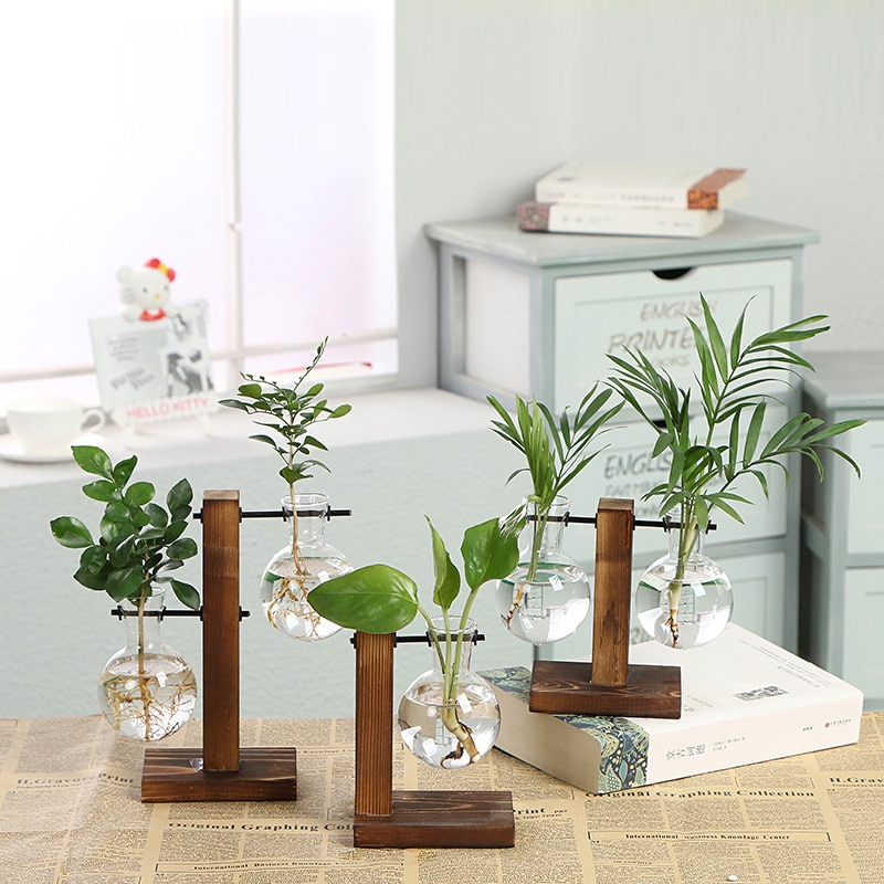 Terrarium Vasevase Dekoration Hause Bonsai Blume Pflanze Vasen Jahrgang Blume Topf transparent Holz Rahmen Glas Tabletop Pflanzen