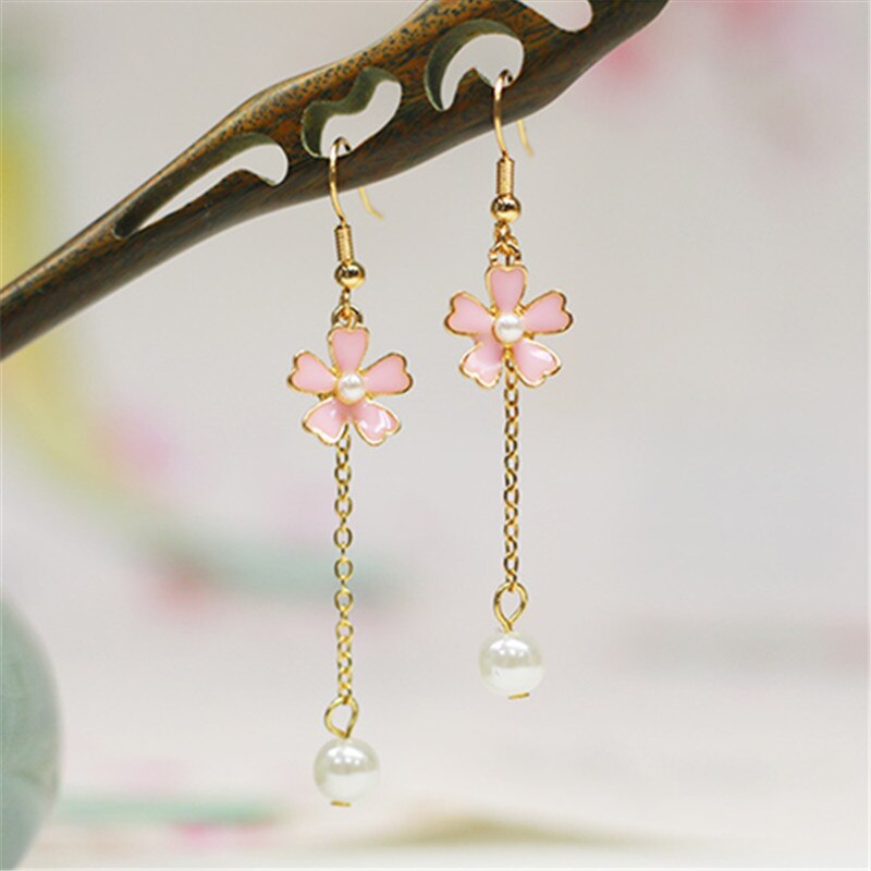 frau ohrringe feine schmuck Frische rosa kirschblüzehn Lange perle ohrringe Romantische kirschblüte ohrringe