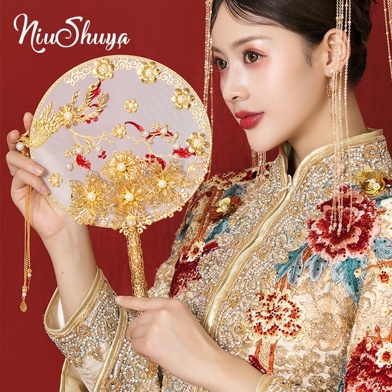 NiuShuya Luxus Chinesischen Gold Phönix Braut Fan Blumensträuße Klassische Handarbeit Metall Runde Hand Fan Geschäft Hochzeit Zubehör