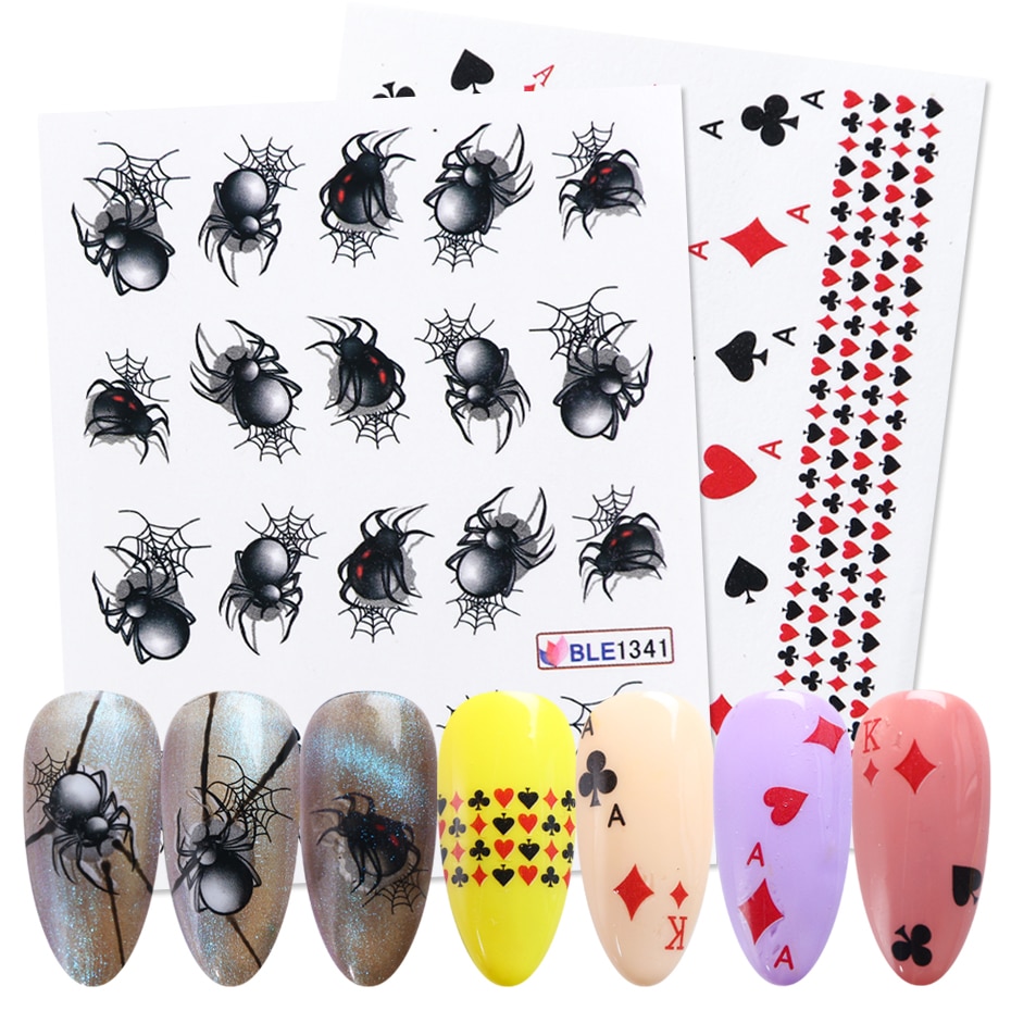 1 stücke Spinne Spielkarte Nagel Aufkleber Schieberegler Pocker Persönlichkeit Wasser Decals Halloween Wasserzeichen DIY Nagel Kunst Entwürfe BEBLE1341
