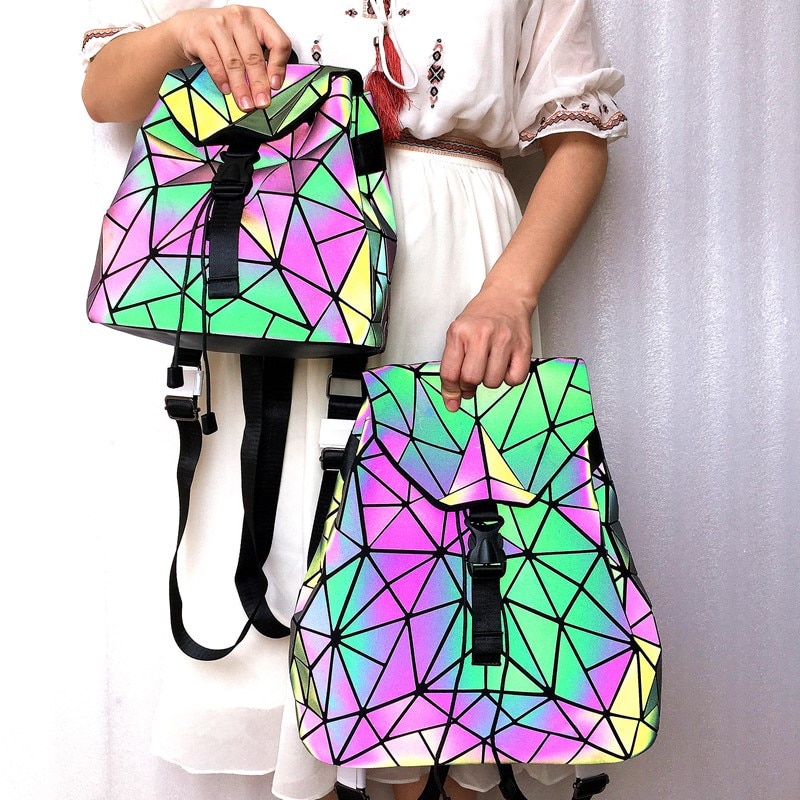 frauen Rucksack leuchtende weibliche Rucksack Schüler falten kordelzug schule tasche Holographische geometrische Rucksack