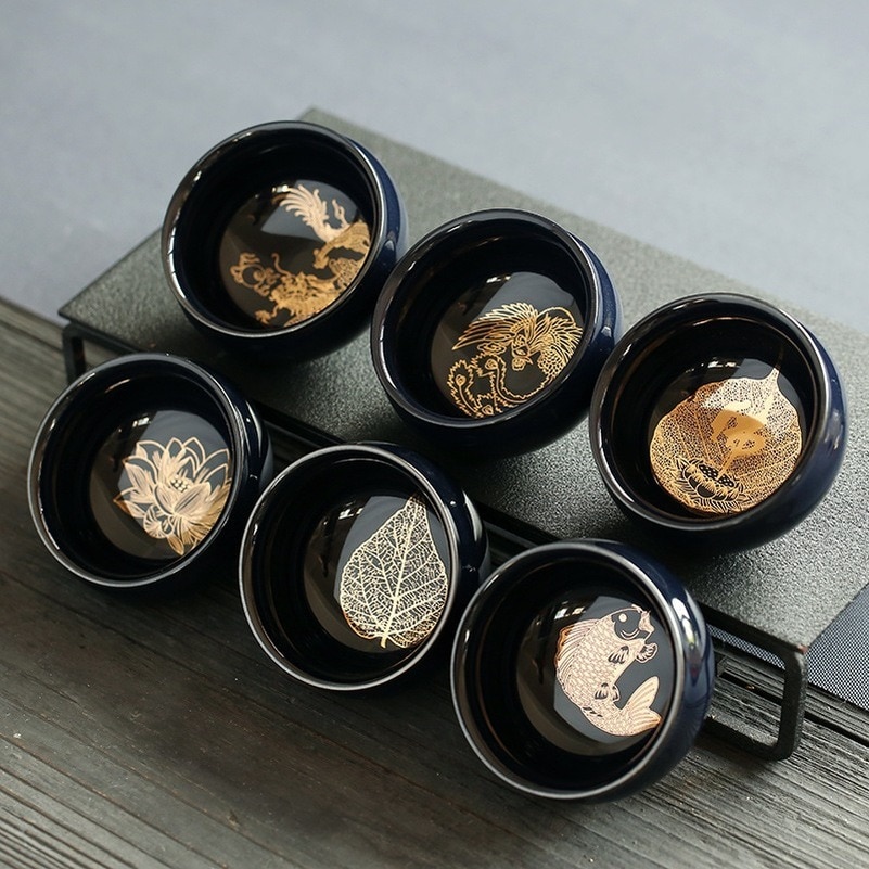 Schwarze Keramik Gold Blatt Tee Tasse Keramik Einzigen Tasse Karpfen Buddha Tasse Meister Zen Einzigen Tasse Kreative Teetasse Kung Fu Tee Tasse