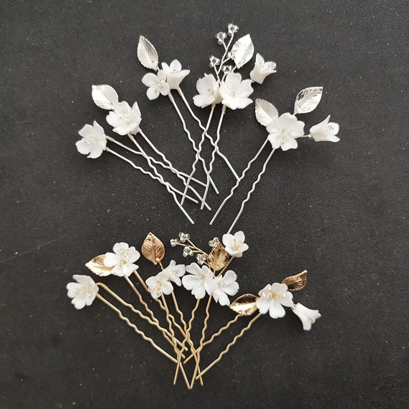 SLBRIDAL Handgemachte Ceram Blume Legierung Blatt Perlen Braut Haar Stift Hochzeit Haar Aufkleber Haar Zubehör Brautjungfern Frauen Schmuck