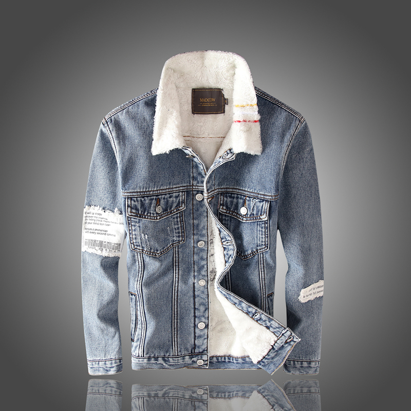 Winter Jacken Männer retro Blau Patch Dicke Samt Bomber Jacken Denim Mäntel Outwear Warme Parka Männer