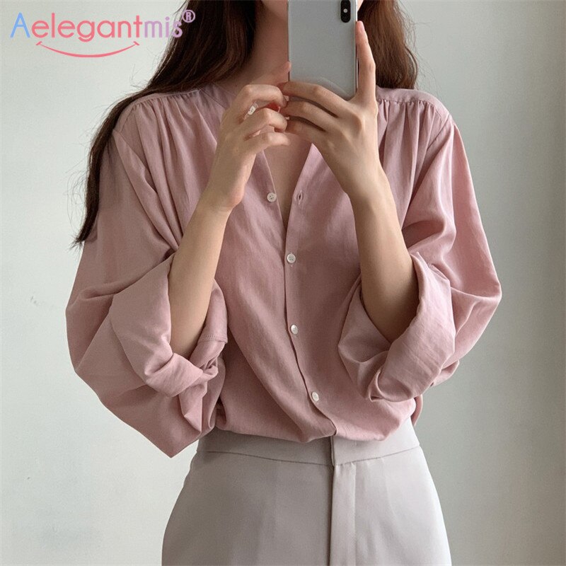 Aelegantmis Koreanische Beiläufige verlieren Rosa Bluse Shirt Frauen Lange Hülse Übergröße Hemden Weibliche Süße Frühling Chiffon Bluse Elegante