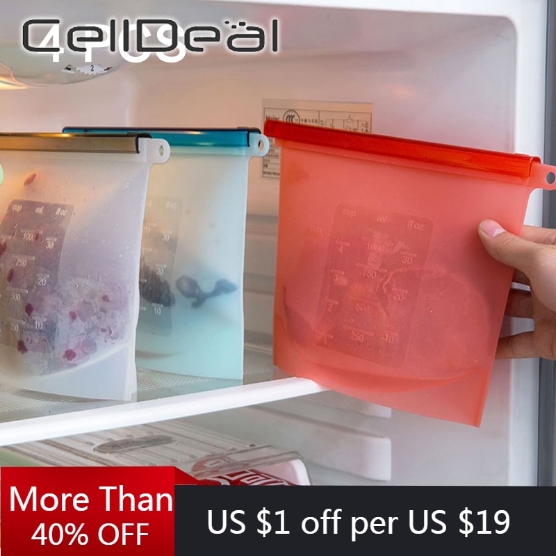 4Stck 1000/1500Ml Mehrweg-Silikon Lebensmittel Lagerung Taschen Versiegelung wickelt Frische Sparer Tasche Lagerung Kühlschrank Lebensmittel Halfter Container