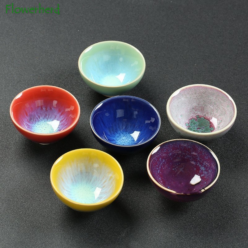 Keramik Tee Tasse Chinesischen Stil Einzigen Tasse Ofen mit Flache Mund Glasierte Mehrfarbig Juni Brennofen Tee-einstellen Tasse Kung Fu Tee Tasse