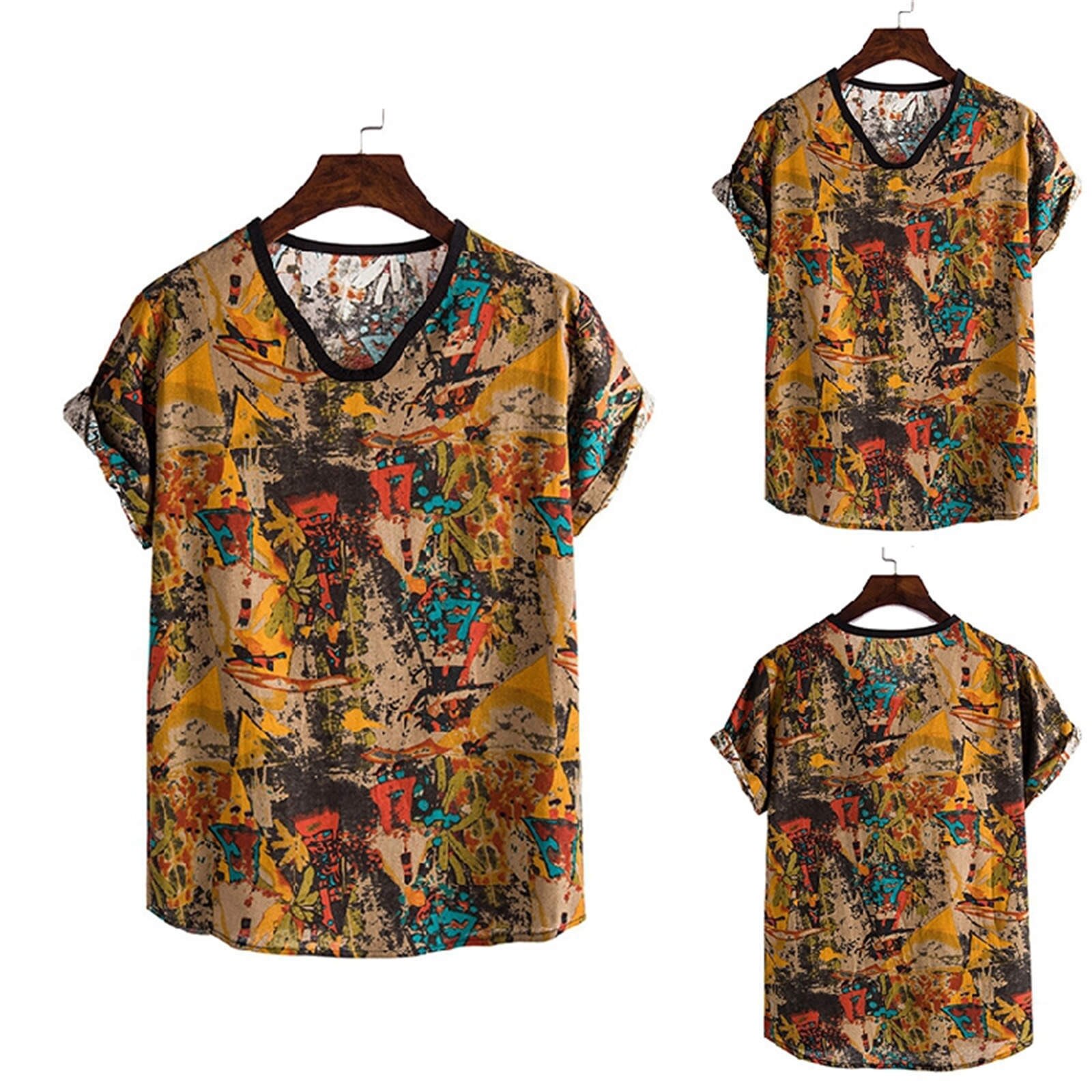 Männer T-Shirt Ethnische Leinen Gedruckt V-ausschnitt Kurzarm Männlichen Jahrgang lässig Bluse Ernte Spitzen Streetwear Plus Größe Dünne Sommer