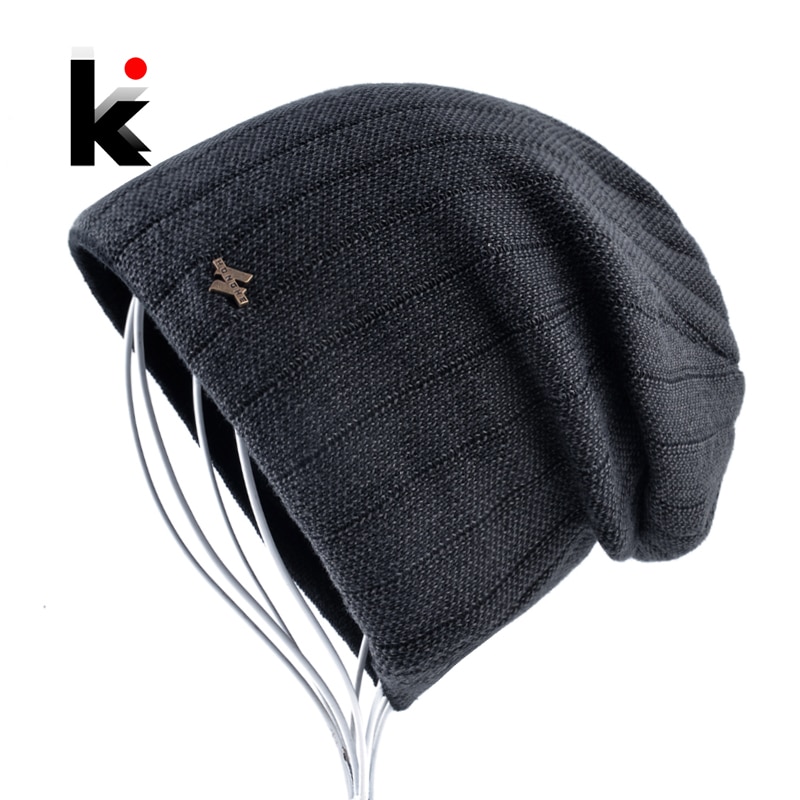 Winter Gestrickte Mütze Hütte Für Mann Doppel Schicht Warme Kniting Gestreiften Motorhaube Kappen Männlichen Dicken hinzufügen Samt Skullies Mützen Männer gorro