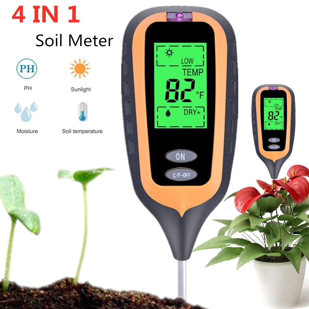 Neue Digitale 4 in 1 Boden Feuchtigkeit Meter PH Meter LCD Anzeige Temperatur Sonnenlicht Feuchtigkeit Tester Garten Bauernhof Rasen Anlage 50% aus