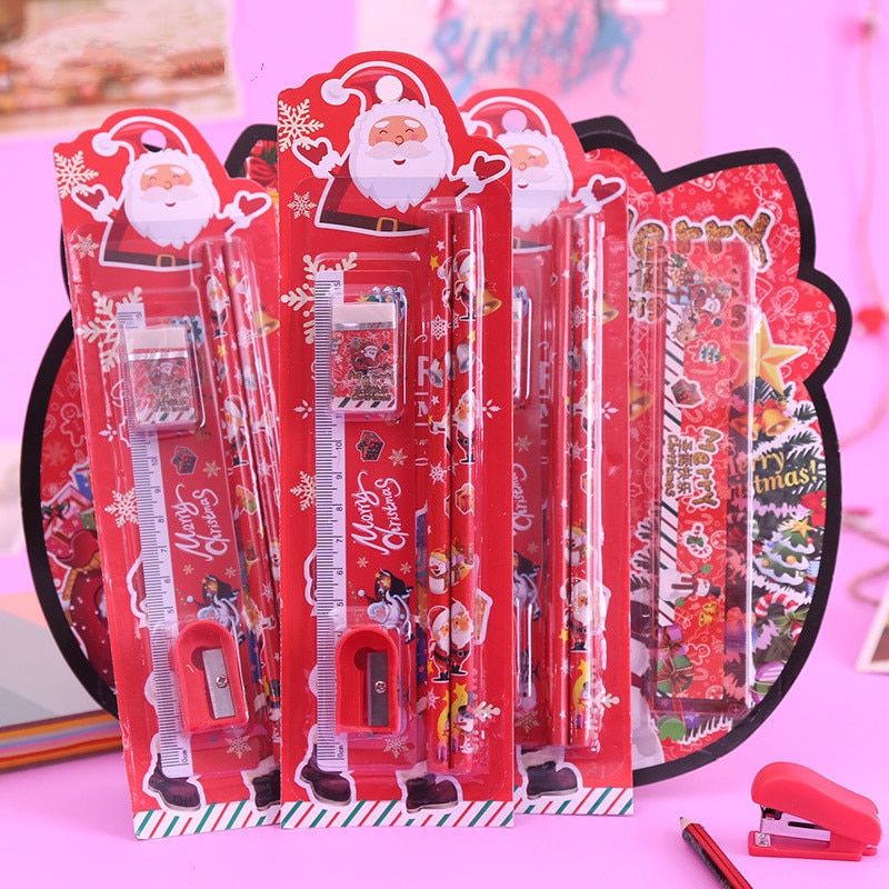 5 teile/satz Weihnachten Serie freundlicher Schreibwaren Studenten Lineal Bleistift Radiergummi Bleistift Spitzer Bausatz Schule Schreibwaren