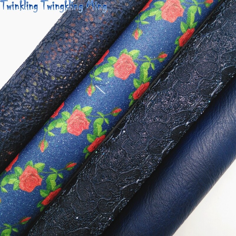 Marine Blau Spitze funkeln Leder, rot Rose Gedruckt Synthetische Leder Faux leder Blätter für böGen DIY 21x29CM Funkelnden Ming KM483