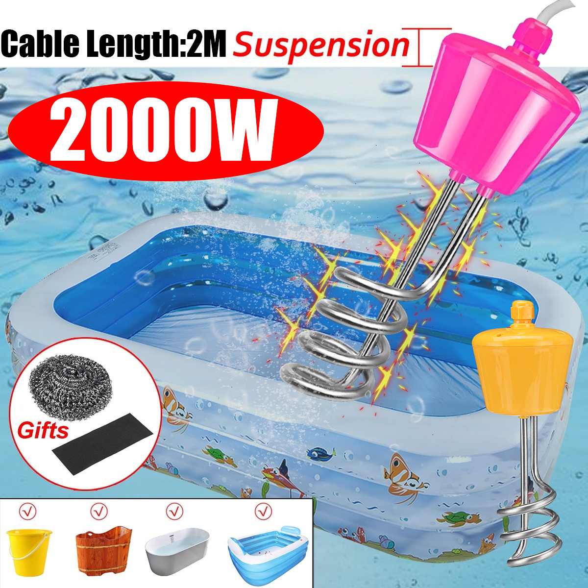 2000W Tragbare Suspension Elektrische Wasser Heizung Element Kessel für Aufblasbare Schwimmbad Badewanne Reise Camping Wasser Heizung Element