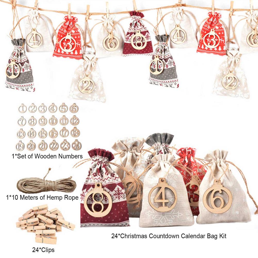 24 stücke DIY Zahlen Tasche Weihnachten Advent Kalender Ornament Weihnachten Taschen Kalender Countdown Tasche Süssigkeit Lagerung Beutel