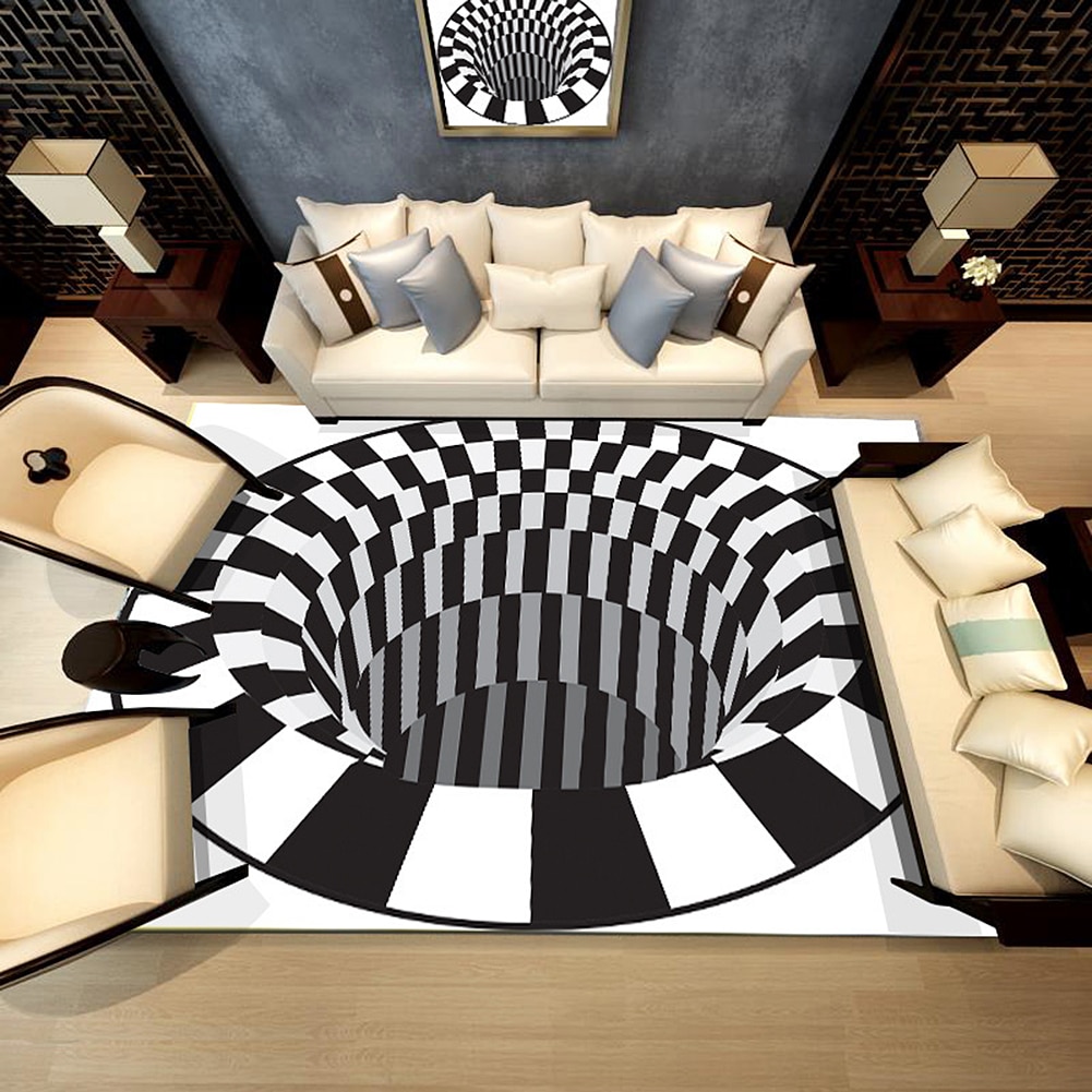 3D Illusion Teppich Anti-Schleudern Teppich Hause Restaurant Dekoration Schwarz Weiß Wirbel Boden See Boden Teppich Schlafzimmer Tisch matt