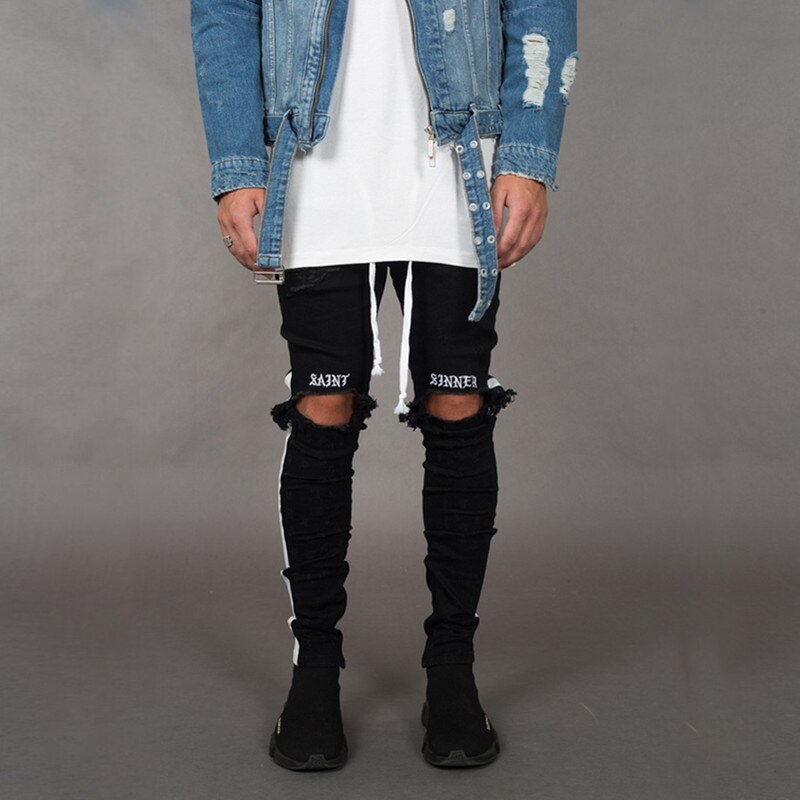 Männer Schwarz Hosen Zerrissene Hosen Modische Hohe Taille lässig lässig See Hosen