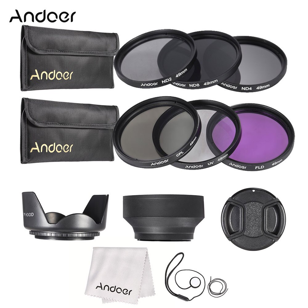 Andoer 49mm-77mm Objektiv Filter Bausatz UV + CPL + FLD + ND (ND2 ND4 ND8) mit Objektiv Deckel Linse Deckel Halfter Tulpe Gummi Objektiv Hauben Reinigung Tuch