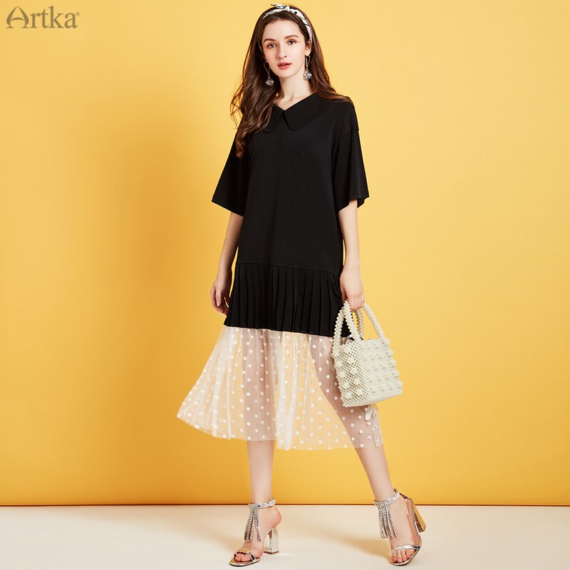 ARTKA Frühling Sommer Neue Frauen Kleid Lässig verlieren Kleid Gittergewebe Patchwork Kleider Kurzarm T-Shirt Kleid ZA25005X