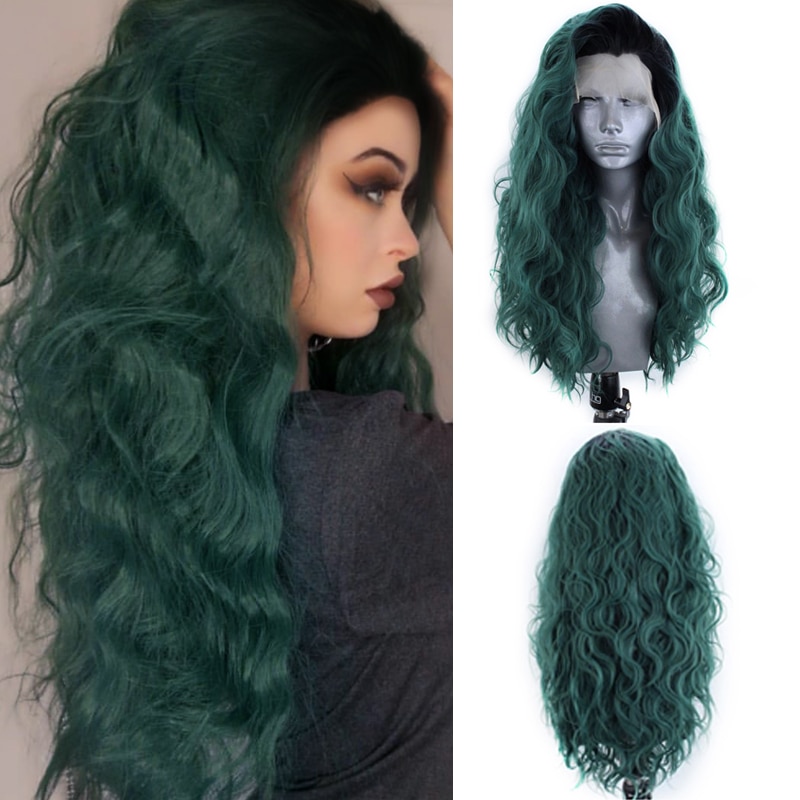Charisma Lange Wellenförmige Perücke Ombre Grün Synthetische Spitze Vorderseite Perücke mit Schwarz Wurzeln Hitzebeständige Faser Haar Cosplay Perücken für frauen