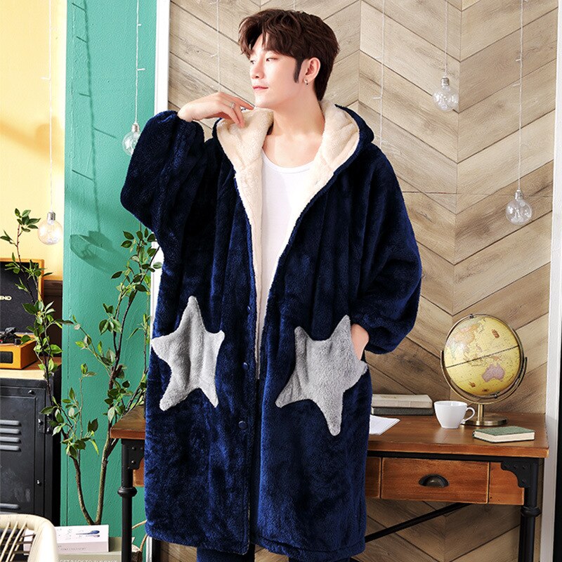 herren Winter Bademantel einstellen Dicke Warme Kleid Mit Hütte Hochzeit Roben Anzug Mit Kapuze Pyjama Kleid + Hosen