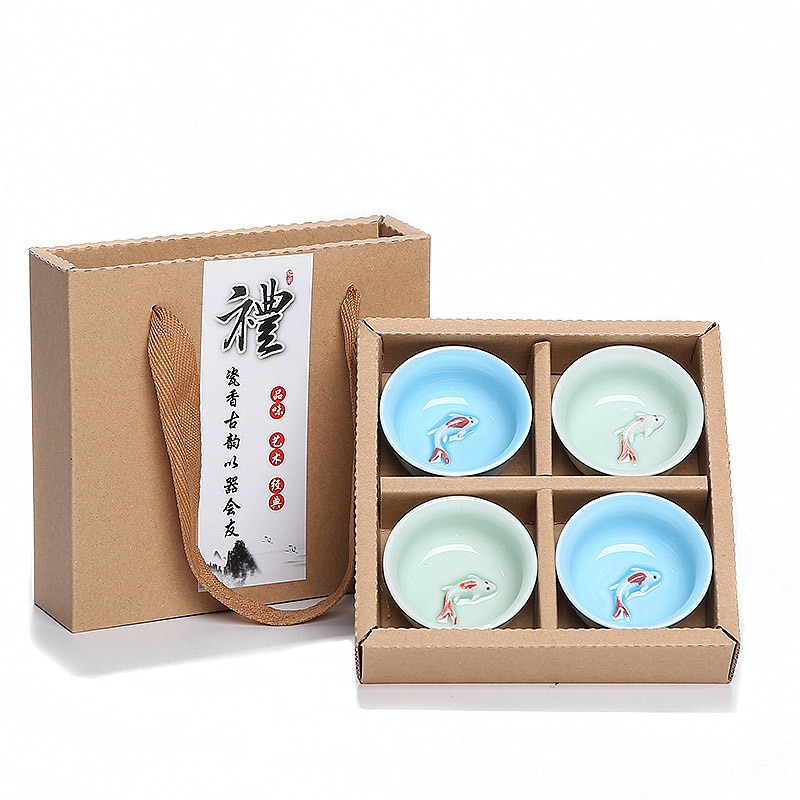 exquisit 4 stücke Keramik 3D Gold fisch Tasse, China Tee tasse einstellen, reise Tee Schüssel Kung Fu Tee-einstellen Chinesische Teetasse setzt Getränk