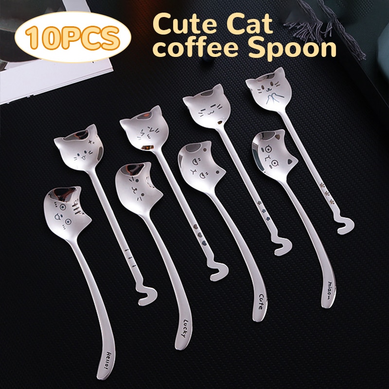 8/10Stck Nette Katze Kaffee Löffel 304 Edelstahl Katze löffel Teelöffel Langen Griff Besteck Geschirr Kaffee zubehör
