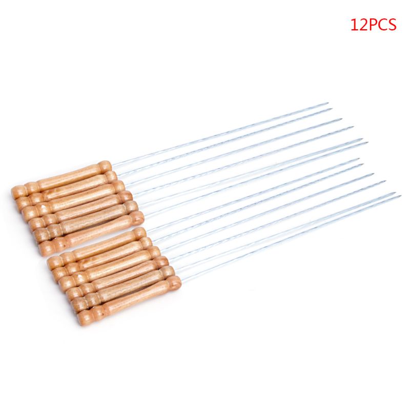 12 stücke Edelstahl BBQ Braten Grill Spieß Grill Kebab Nadeln Stock Holz Griff
