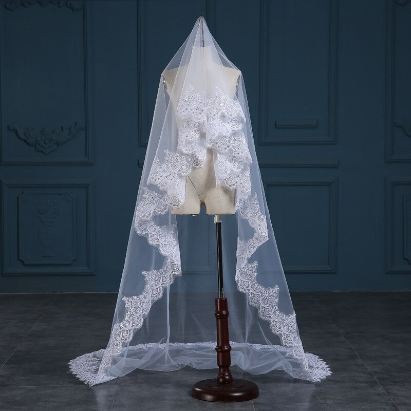 echt bild 3 Meter Eine abgestuft Spitze Lange Elegante Hochzeit Braut Schleier Ohne Kamm Spitze Rand Hochzeit Schleier