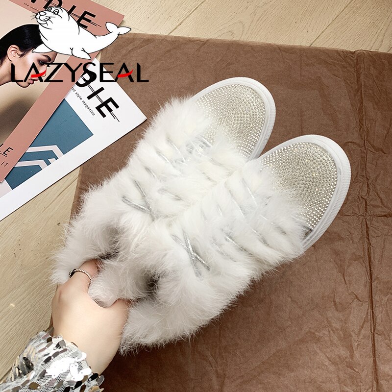 LazySeal Winter Bling Kristall Schuhe Frauen Echtpelz Wohnungen Ferse Faulenzer Frau Schuhe Runde Kappe Spitze-hoch Maultiere Schuhe für Frauen