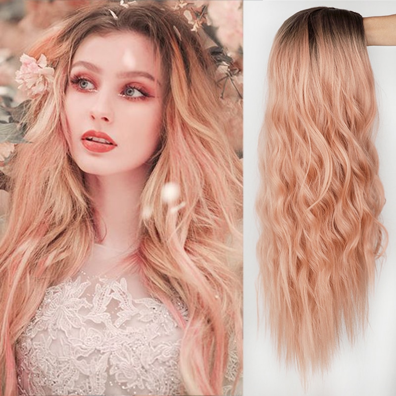 FEELSI Rosa/latinum/Lila Farbe Lange Wellenförmige Frisur Perücken Für Frauen Ombre Synthetische Haar Hohe Temperatur Faser Durchschnitt größe