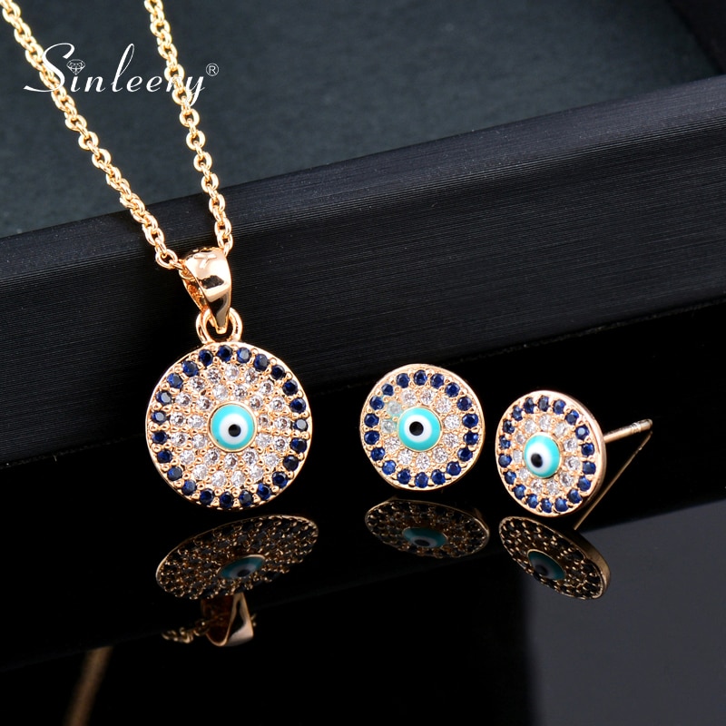 SINLEERY Glück Blau bösen blick Kleine Runde Anhänger Halskette Ohrringe Schmuck-einstellen Frauen Neue Sommer Schmuck ZD1 SSP