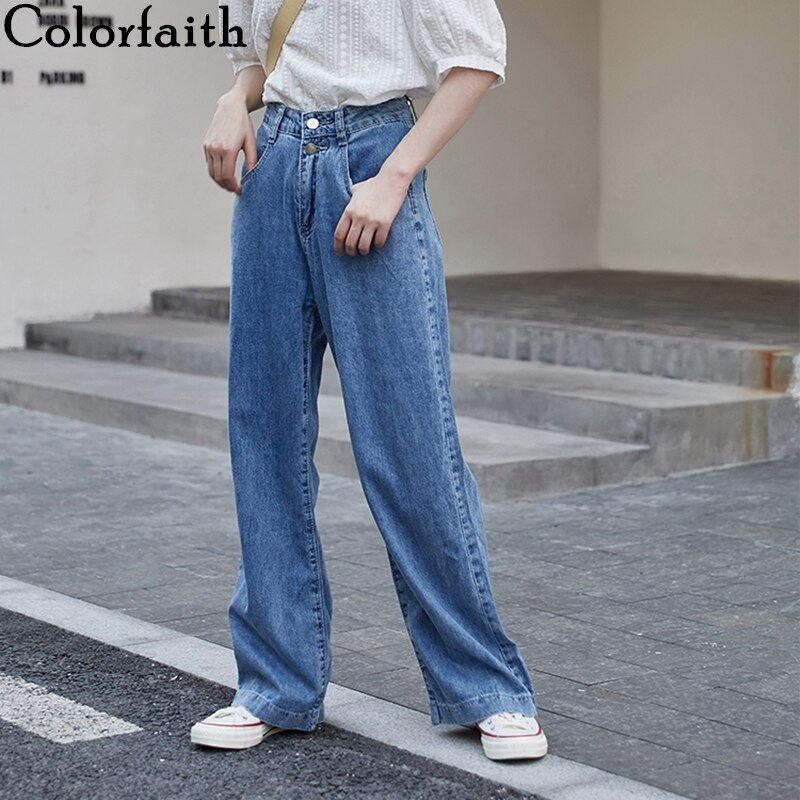 Colorfaith Neue Frauen Sommer Herbst Jeans Hohe Taille lässig Hosen Gerade Denim Streetwear Wilden Breite Bein Lange Hosen J8801