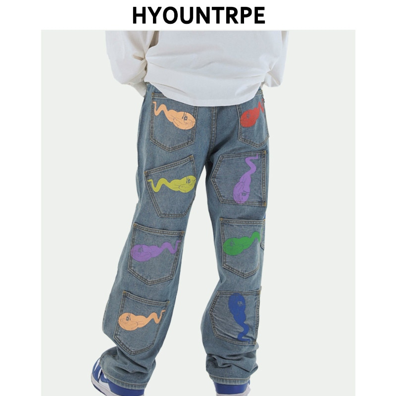 hoch Straße Gedruckt Patchwork Taschen Denim Hosen Mens Gerade Reißverschluss Jeans Hosen Hüfte hüpfen Streetwear verlieren Jogger Jean Hosen