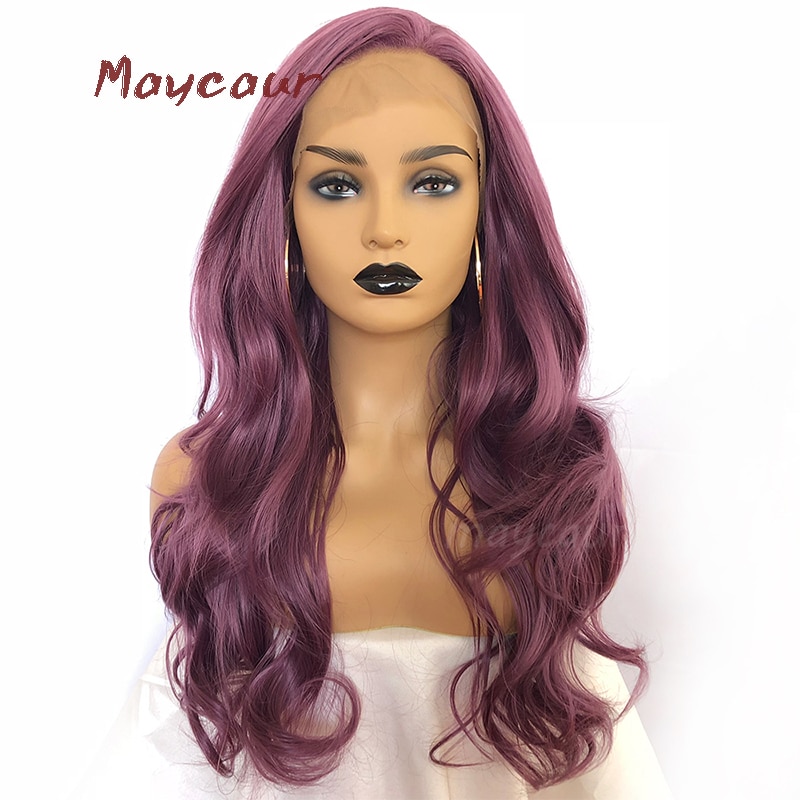 Lila Lange Wellenförmige Synthetische Spitze Vorne Perücke Freien Teil Natürliche Haar Perücken Für Frauen 180 Dichte