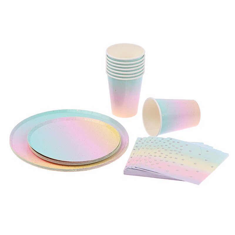 8/16 Teile/satz Einweg Geschirr Regenbogen Farbe Runde Flache Papier Tasse Papier Handtuch Partei Liefert Geburtstag Hochzeit Party Dekoration