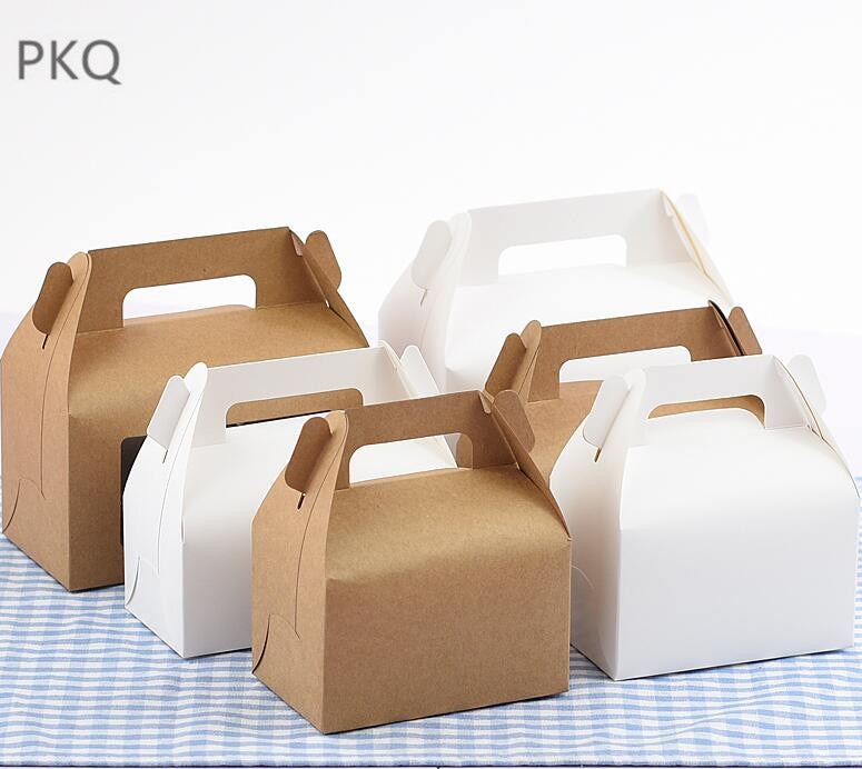 50 stücke Kraft Papier Favor Kasten Cupcake Kasten mit griff Weiß Papier Verpackung Kuchen Boxen Party Kasten karton Karton