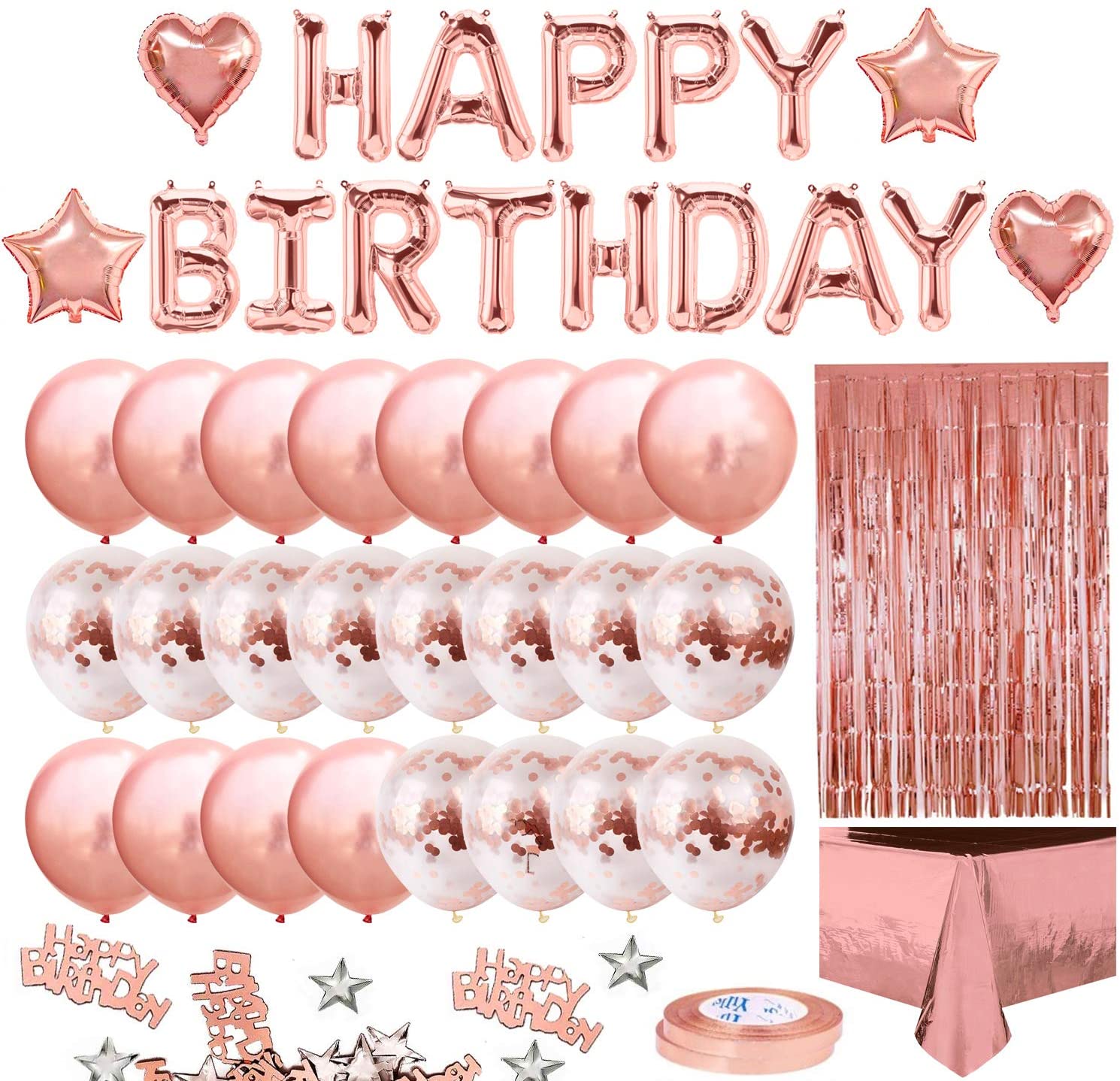 Gold Geburtstag Party Dekoration für Mädchen Frauen Glückliche Geburtstag Banner, Rose Gold Randbereich Vorhang Folie Tischdecke, herz Stern Confe