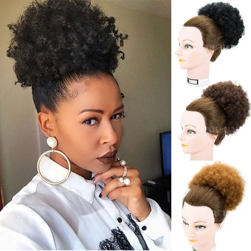 Kurze afro Puff Synthetische Haarknoten Chignon Haarteil Für Schwarze Frauen Kordelzug Pferdeschwanz Verworrene Lockige Hochsteckfrisur Clip Haar Erweiterungen