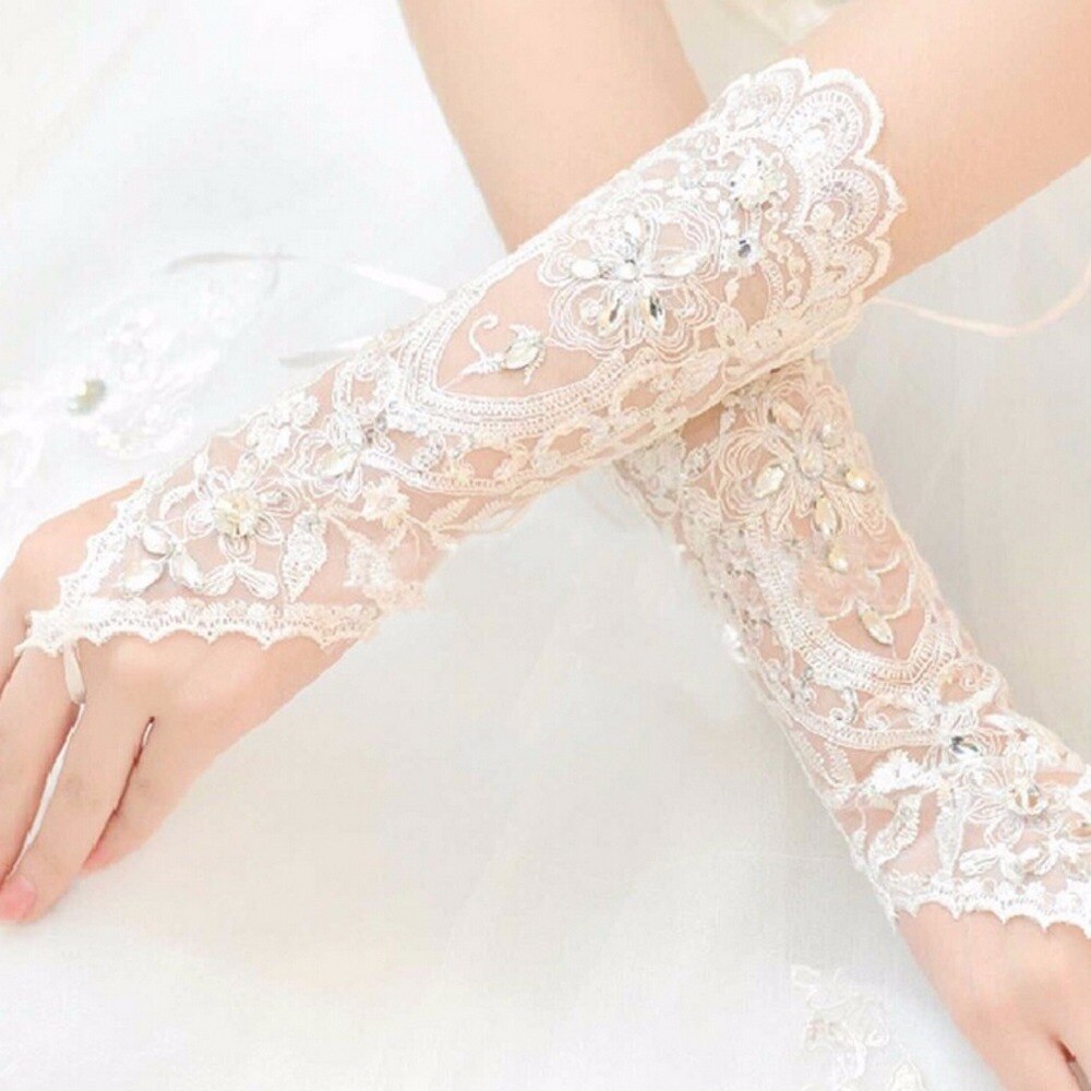 Anti Elegante Weiß Elfenbein Hochzeit Zubehör Mittlerer länge brauthandschuhe Perlen Brautfingerlose Elfenbein Hochzeit Handschuhe Eine Größe