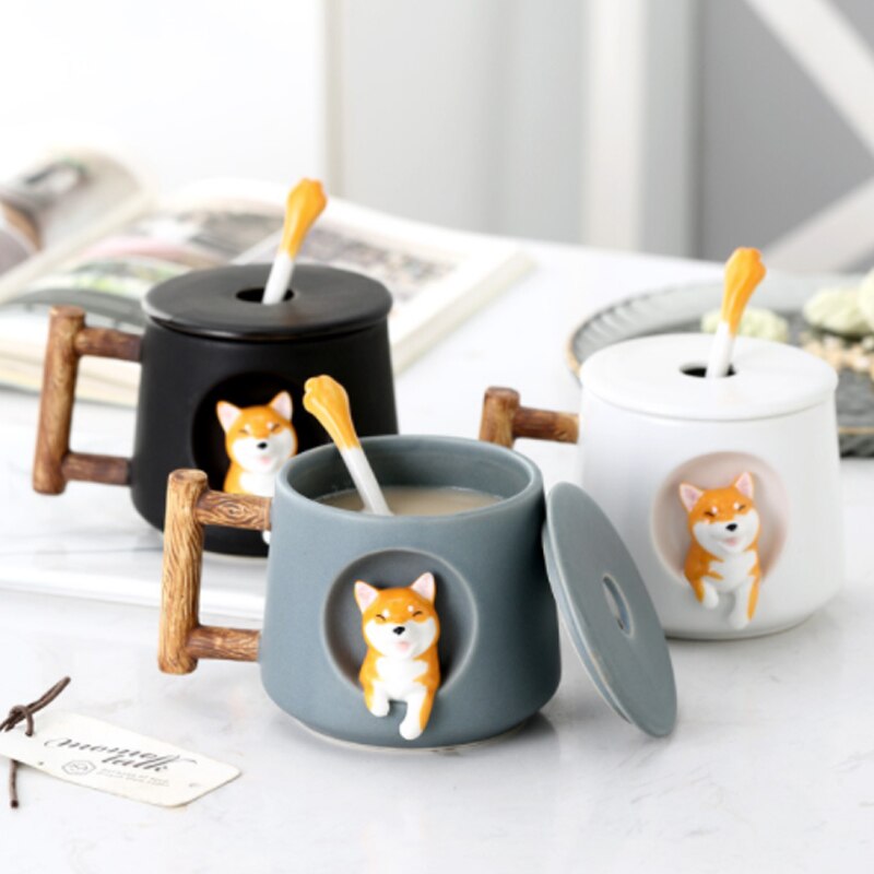 Nette Kaffee Becher Karikatur Ebene Shiba Inu Keramik Kaffee Tasse Kreative Männer und Frauen Paar mit Deckel Löffel Trinken Wasser tasse